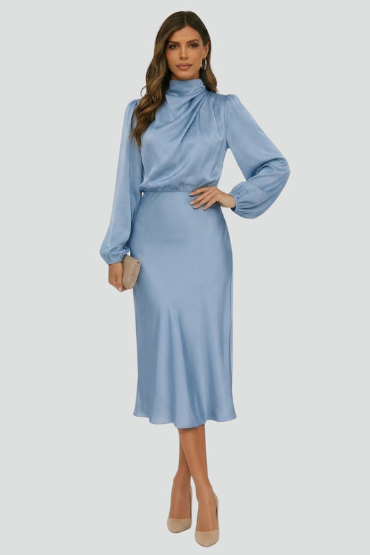 Lena | Damen Midikleid mit hohem Ausschnitt und langen Ärmeln