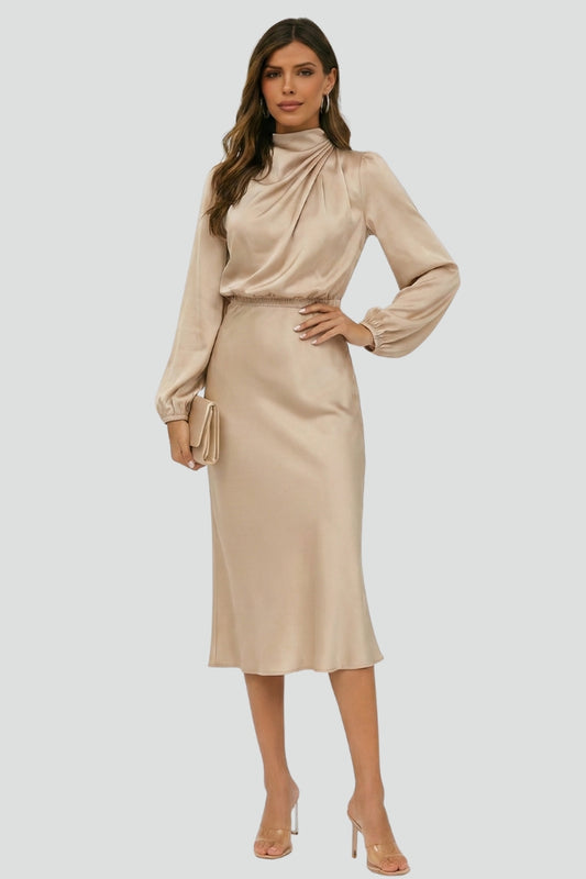 Lena | Damen Midikleid mit hohem Ausschnitt und langen Ärmeln