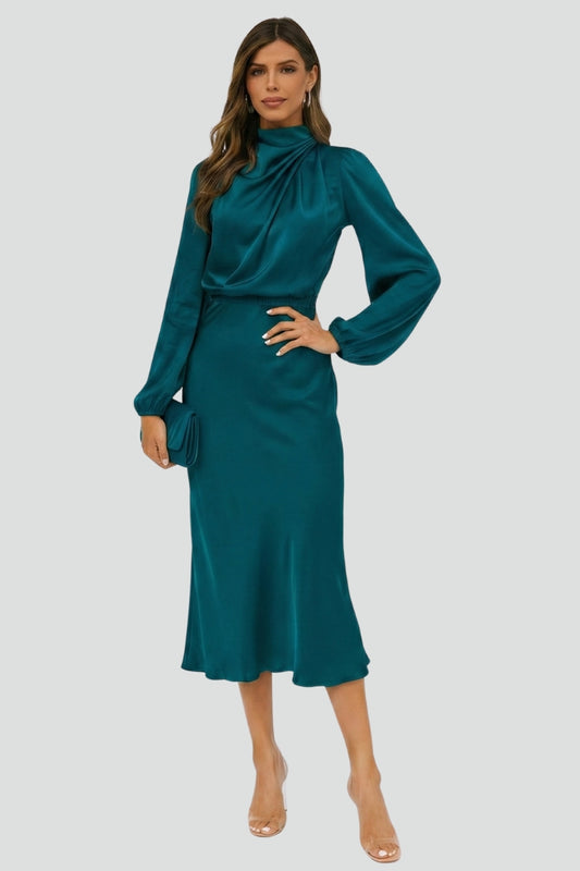 Lena | Damen Midikleid mit hohem Ausschnitt und langen Ärmeln
