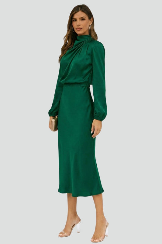 Lena | Damen Midikleid mit hohem Ausschnitt und langen Ärmeln