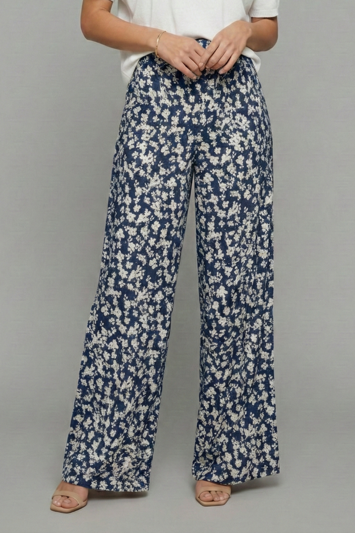 Angela | Damen Freizeithose im Palazzo-Stil mit Blumenmuster und Weiten Beinen