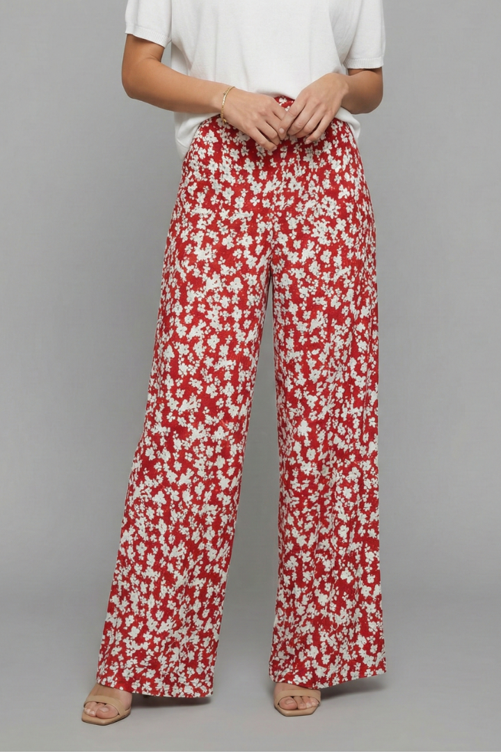 Angela | Damen Freizeithose im Palazzo-Stil mit Blumenmuster und Weiten Beinen