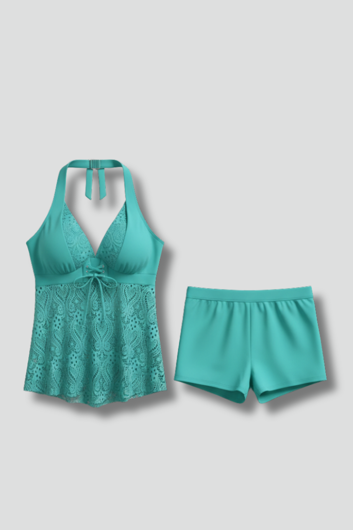 Hanna | Damen Tankini-Set mit Spitzenüberzug und Shorts