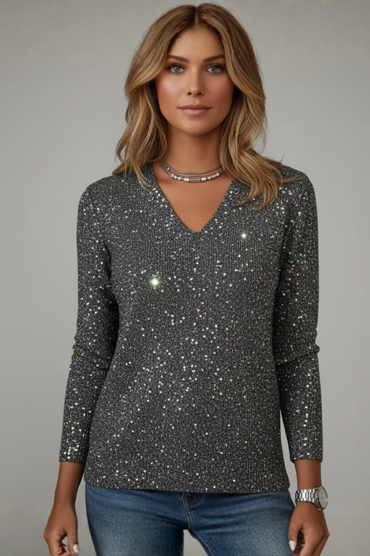 Katharina | Damen Paillettenpullover mit V-Ausschnitt und langen Ärmeln