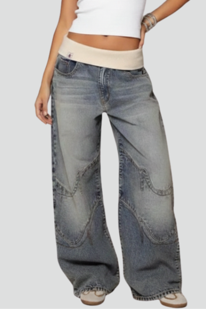 Helga | Damen Lässige Baggy Weitbeinige Denim Hose