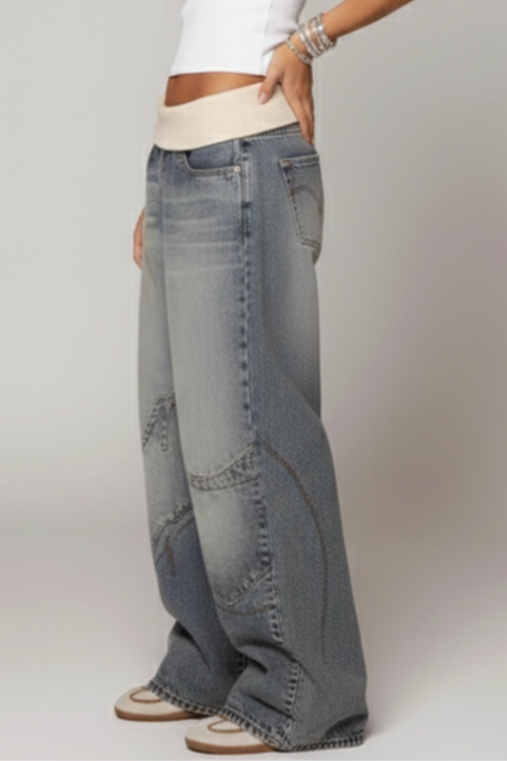 Helga | Damen Lässige Baggy Weitbeinige Denim Hose
