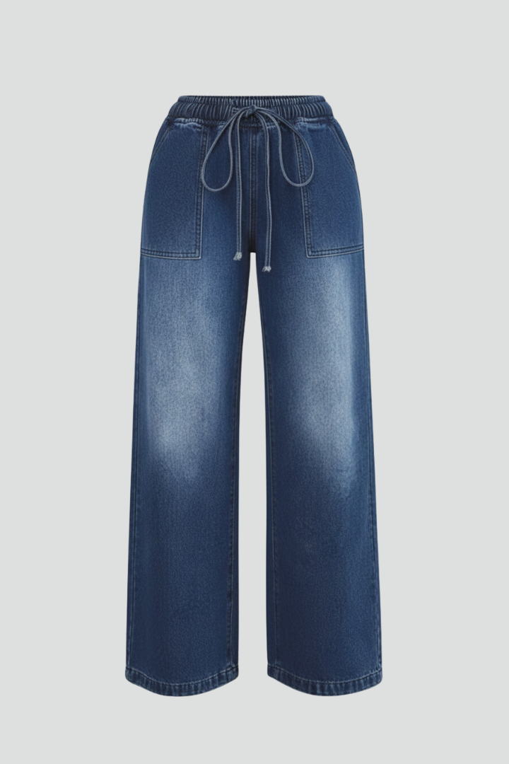 Hanna | Damen Lässige Weitbeinige Hose mit Kordelzug Bund und Aufgesetzten Taschen