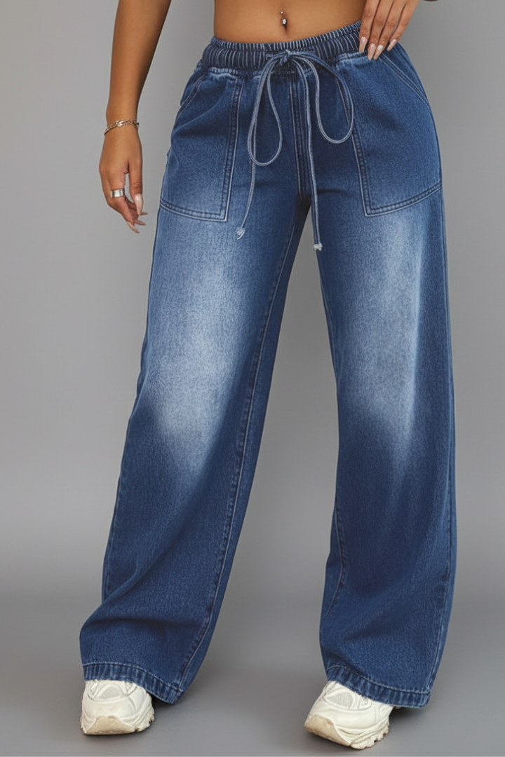 Hanna | Damen Lässige Weitbeinige Hose mit Kordelzug Bund und Aufgesetzten Taschen