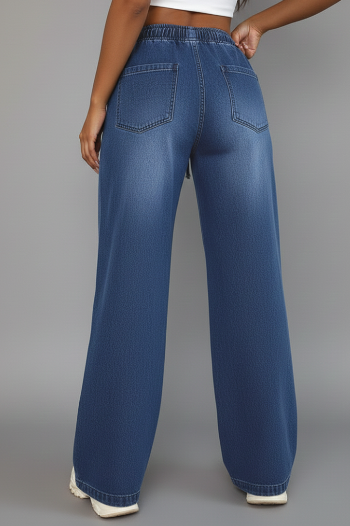 Hanna | Damen Lässige Weitbeinige Hose mit Kordelzug Bund und Aufgesetzten Taschen