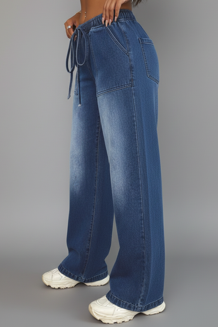 Hanna | Damen Lässige Weitbeinige Hose mit Kordelzug Bund und Aufgesetzten Taschen