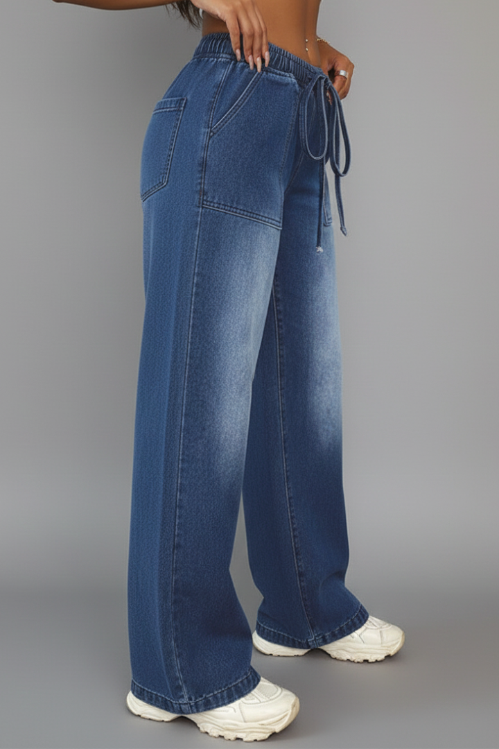 Hanna | Damen Lässige Weitbeinige Hose mit Kordelzug Bund und Aufgesetzten Taschen
