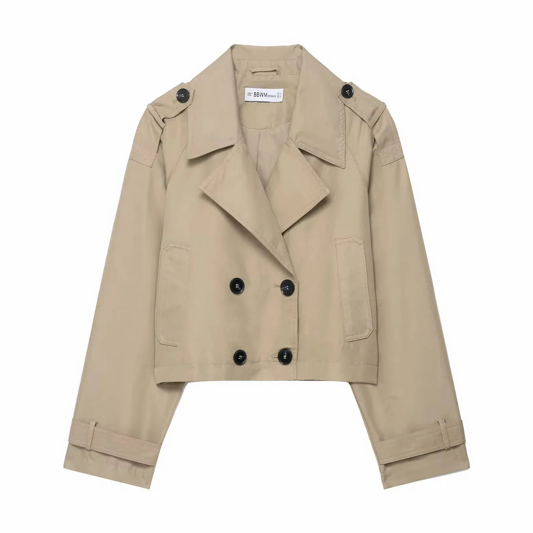 Damen Kurzer Doppelreihiger Trenchcoat mit Seitentaschen
