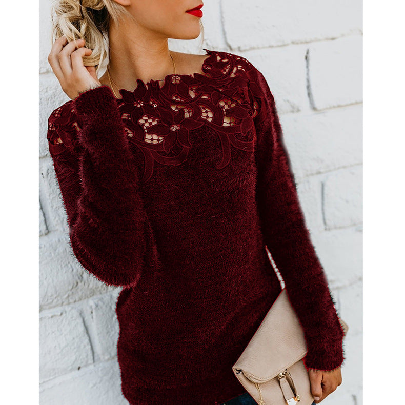 Andrea | Damen Winterpullover mit Blumen-Spitzenkragen