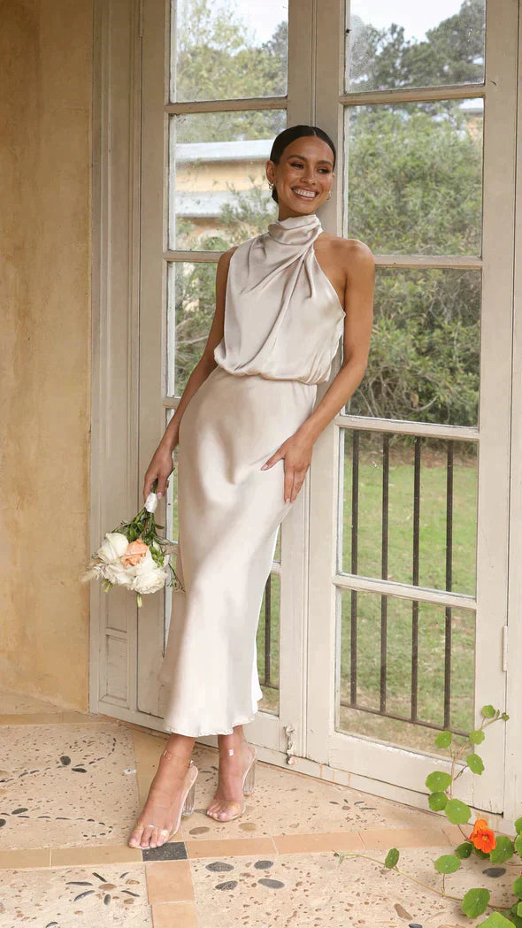 Elisa | Damen Elegantes Midi-Kleid mit Neckholder und Drapiertem Ausschnitt