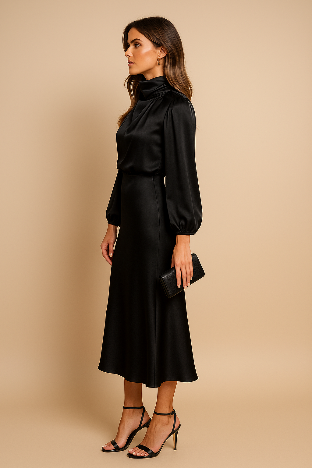 Monika | Damen Langarm High-Neck Midikleid