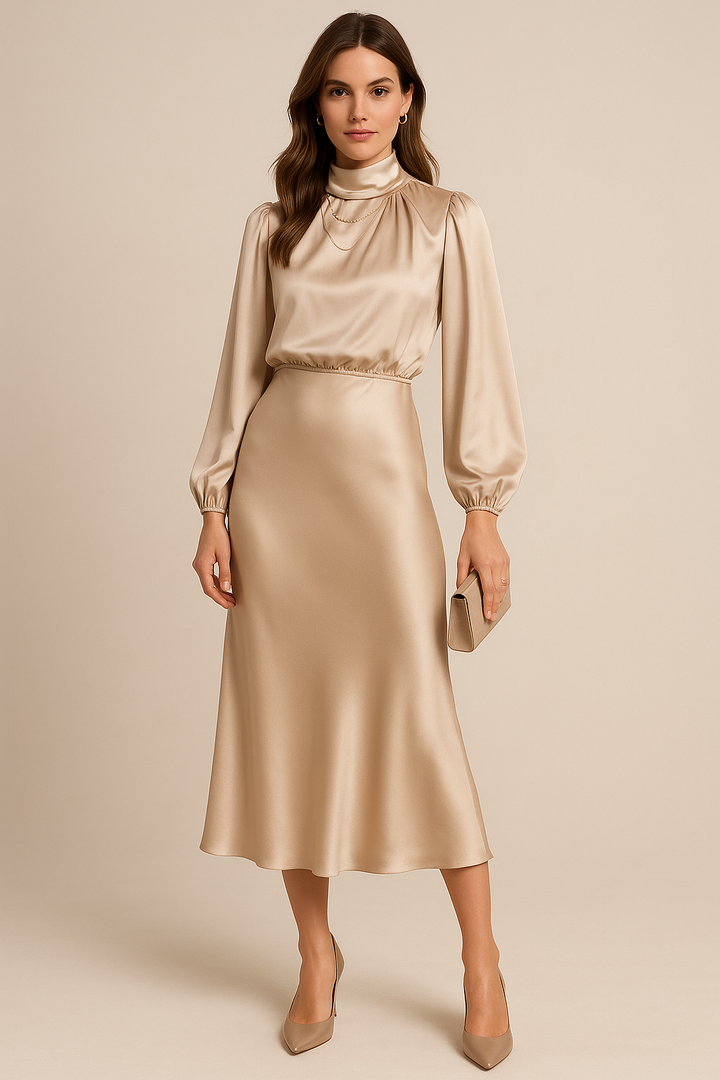 Monika | Damen Langarm High-Neck Midikleid