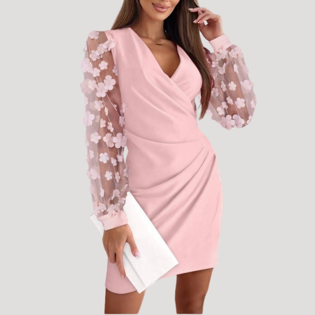 Anke | Damen Mini-Wickelkleid mit Transparenten Ärmeln und V-Ausschnitt
