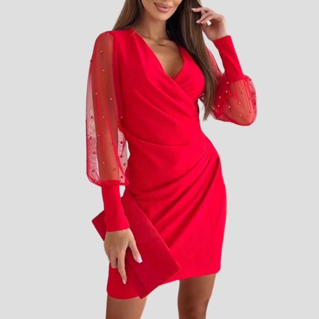 Anke | Damen Mini-Wickelkleid mit Transparenten Ärmeln und V-Ausschnitt