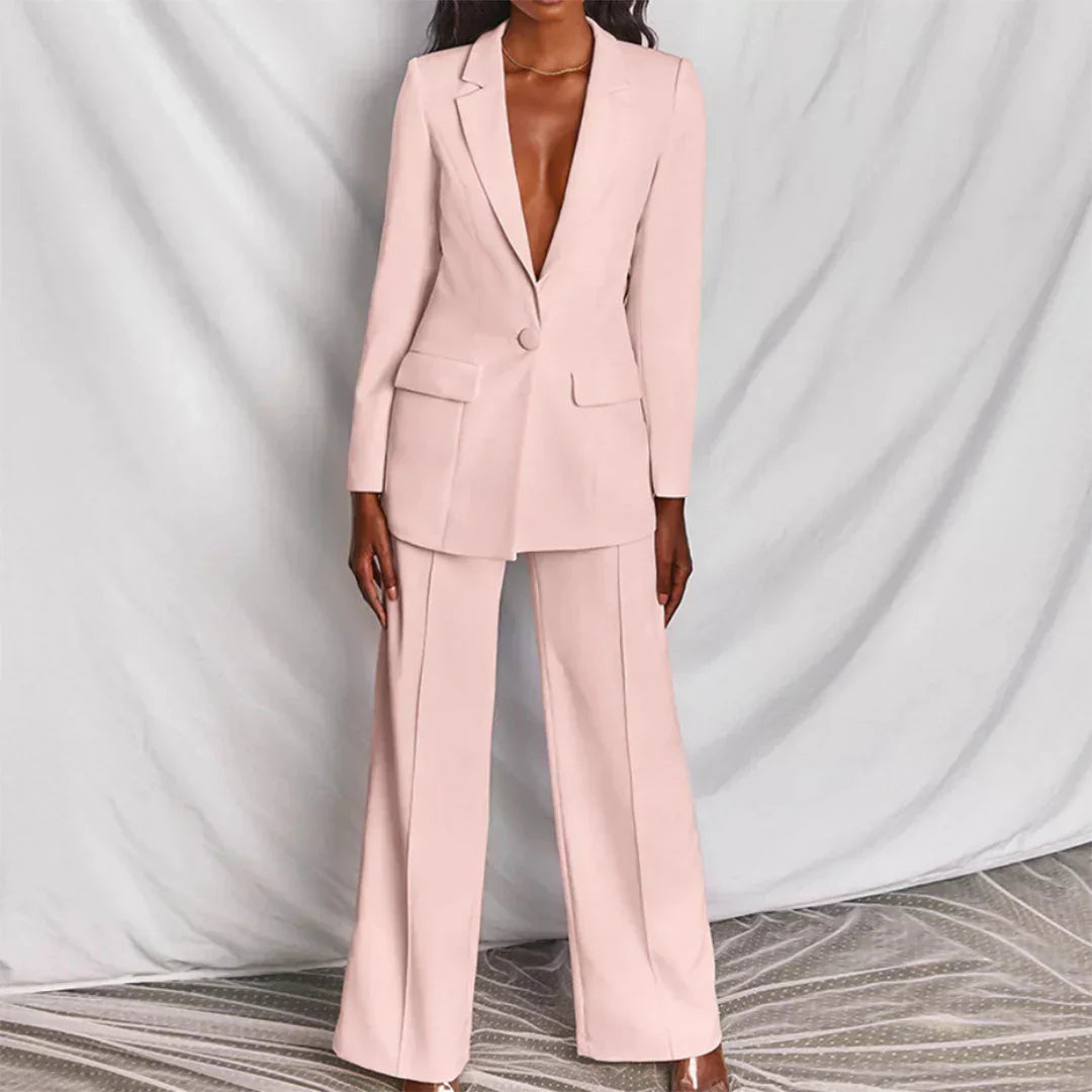 Sabine | Damen Hosenanzug mit Longline-Blazer und Weitem Bein, Strukturiert