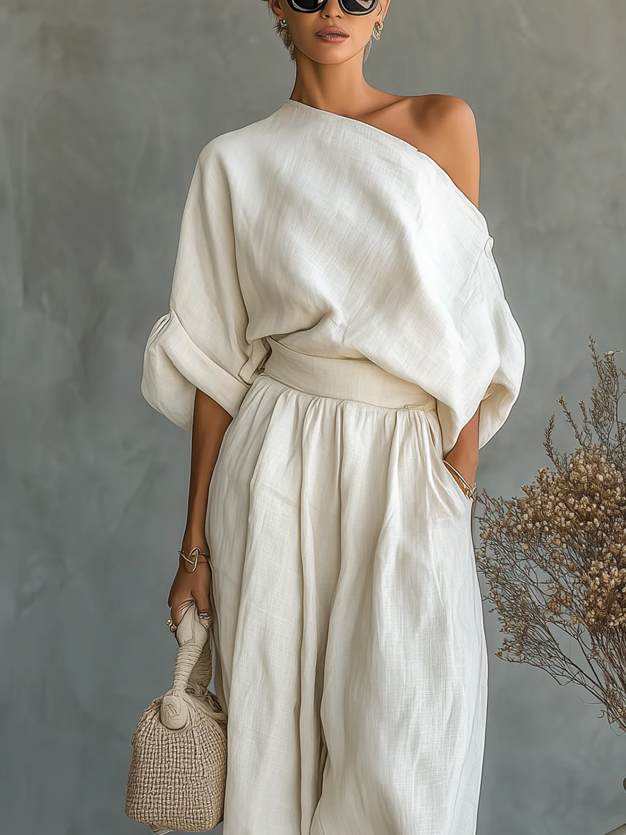 Damen-Leinen-Set mit schulterfreiem Oberteil und Hose