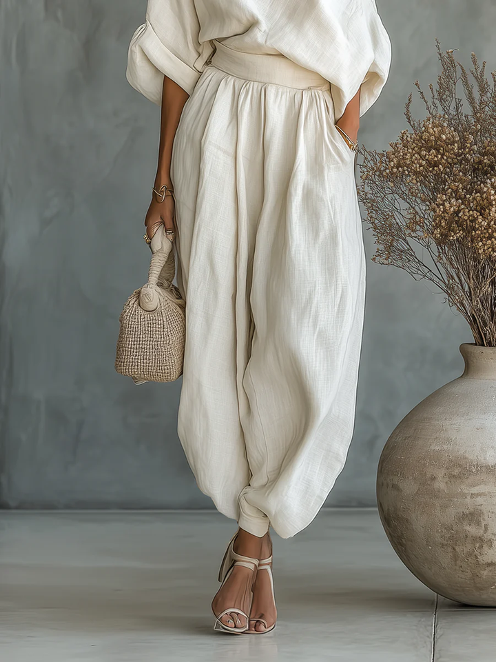 Damen-Leinen-Set mit schulterfreiem Oberteil und Hose