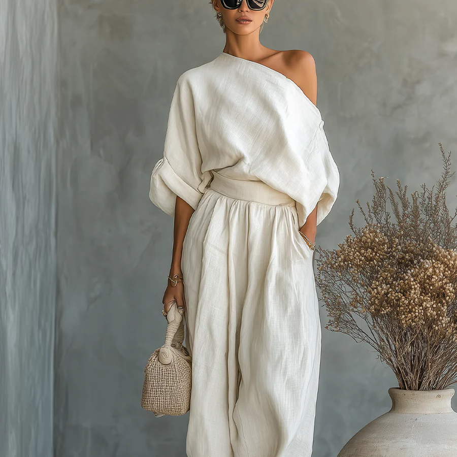 Damen-Leinen-Set mit schulterfreiem Oberteil und Hose
