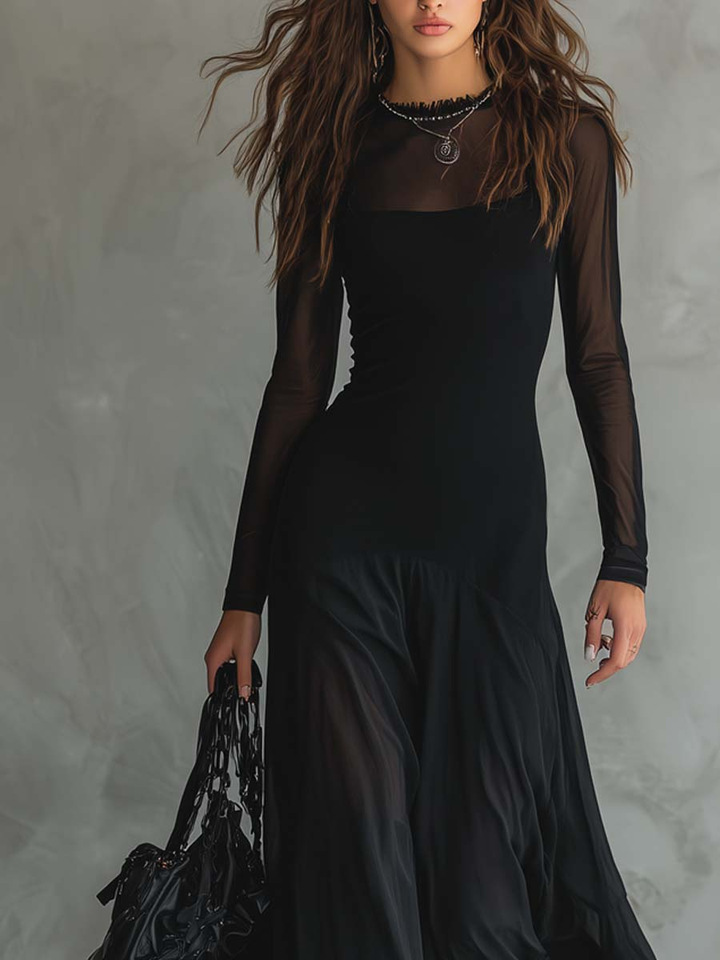 Damen-Maxikleid aus Tüll im Patchwork-Stil, schwarz