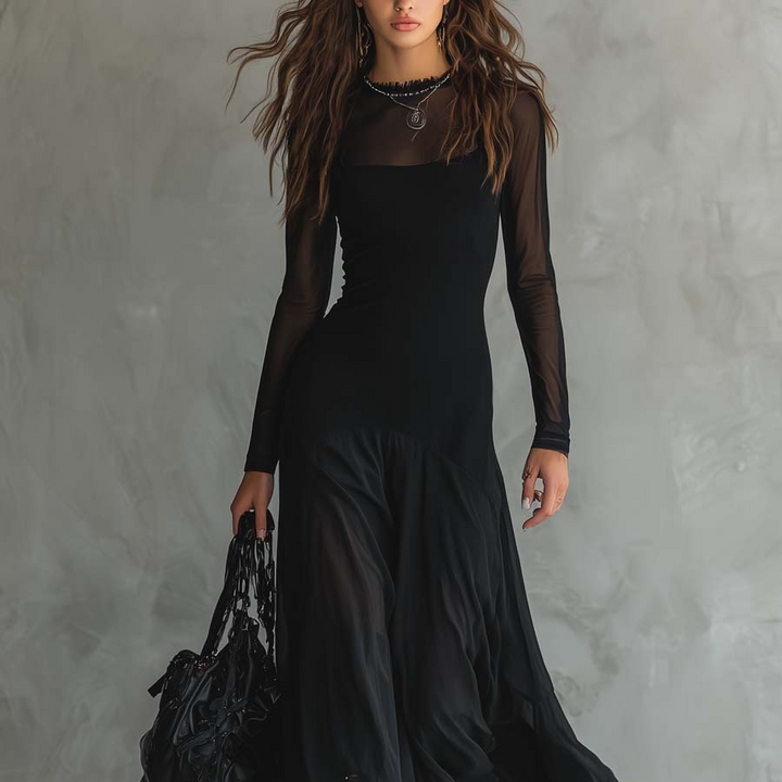 Damen-Maxikleid aus Tüll im Patchwork-Stil, schwarz