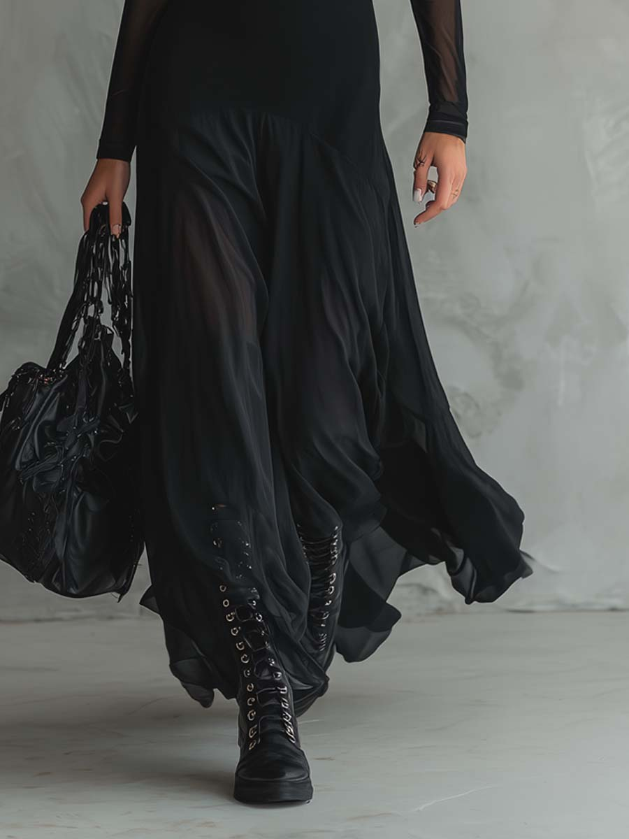 Damen-Maxikleid aus Tüll im Patchwork-Stil, schwarz