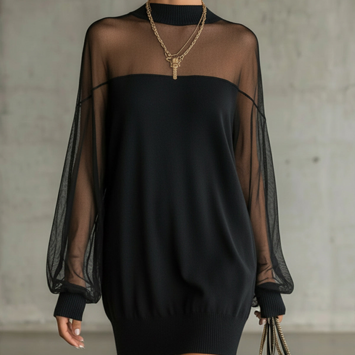 Damen-Minikleid mit Mesh-Ärmeln und hohem Ausschnitt