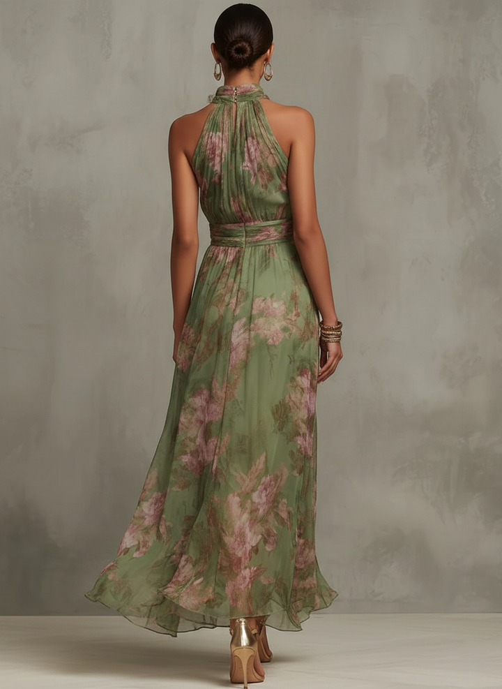 Damen-Maxikleid mit Neckholder aus Chiffon mit Blumenmuster
