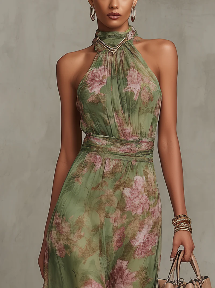 Damen-Maxikleid mit Neckholder aus Chiffon mit Blumenmuster