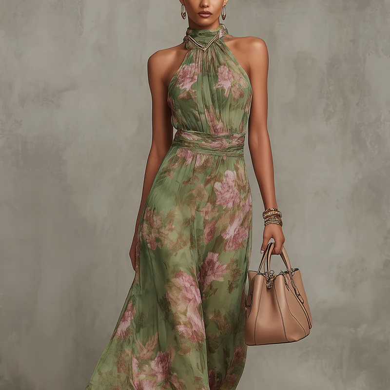 Damen-Maxikleid mit Neckholder aus Chiffon mit Blumenmuster
