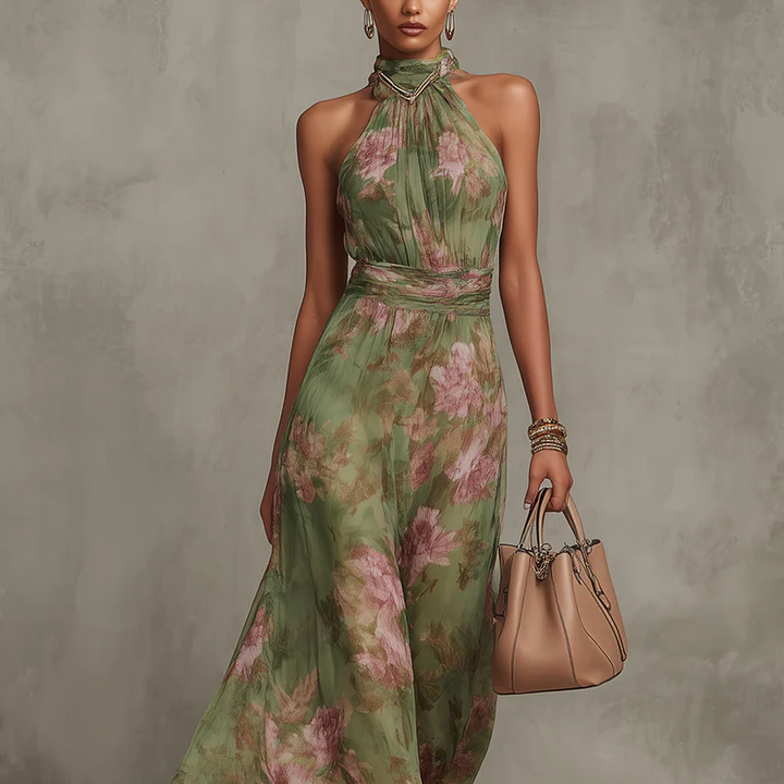 Damen-Maxikleid mit Neckholder aus Chiffon mit Blumenmuster