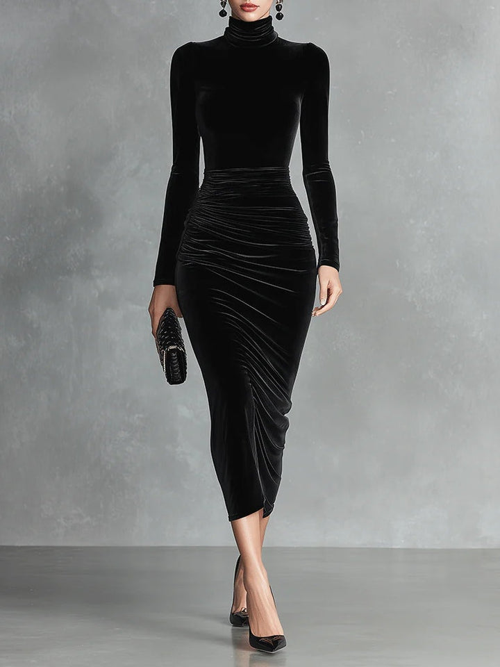 Veronica – Schwarzes Bodycon-Kleid aus Samt mit Stehkragen