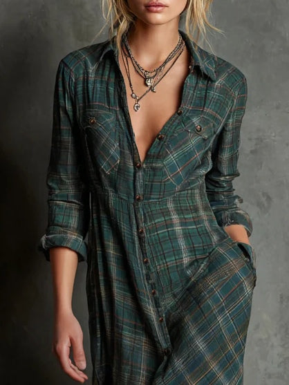 Maxikleid für Damen im Karomuster – Lässiger Stil mit Knöpfen