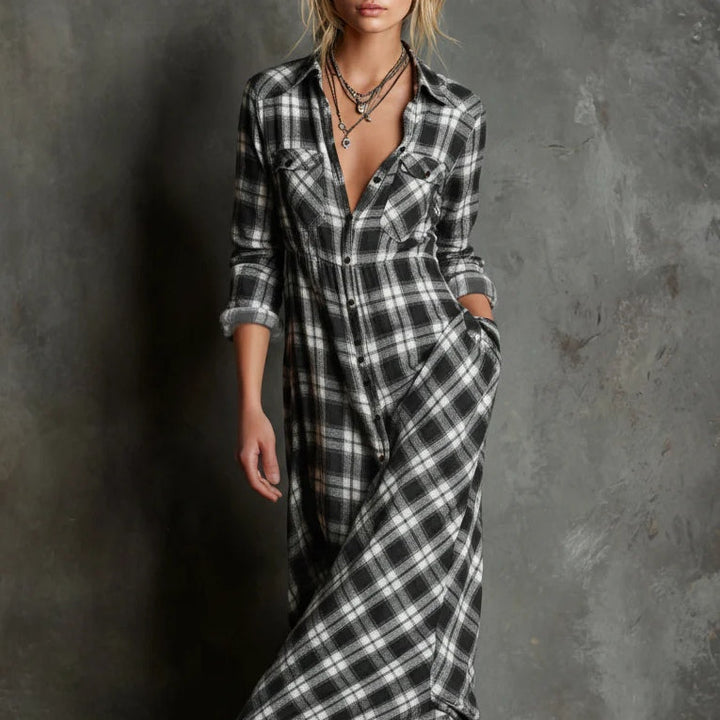 Maxikleid für Damen im Karomuster – Lässiger Stil mit Knöpfen