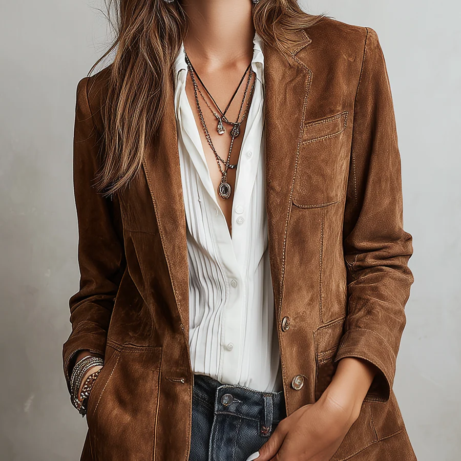 Damen-Wildlederjacke im Vintage-Stil mit Revers