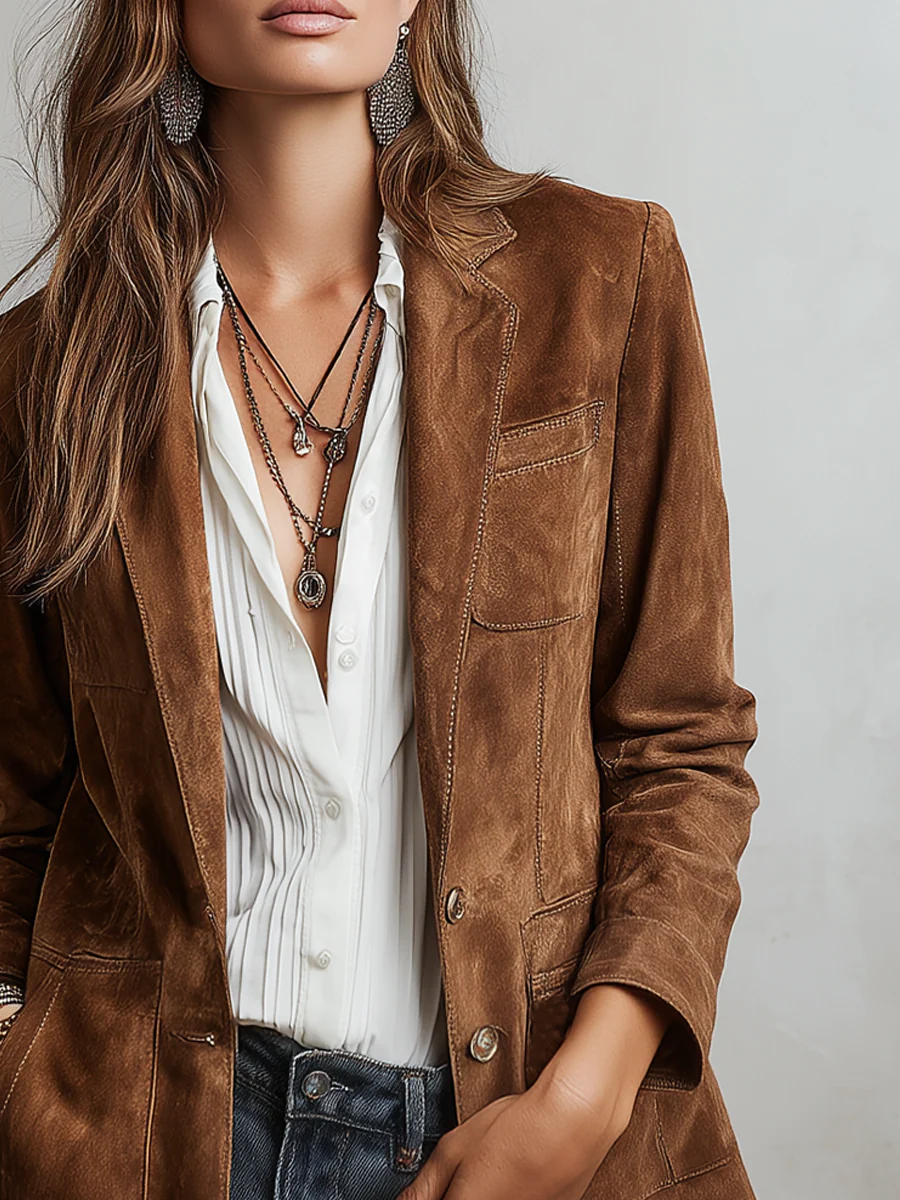 Damen-Wildlederjacke im Vintage-Stil mit Revers