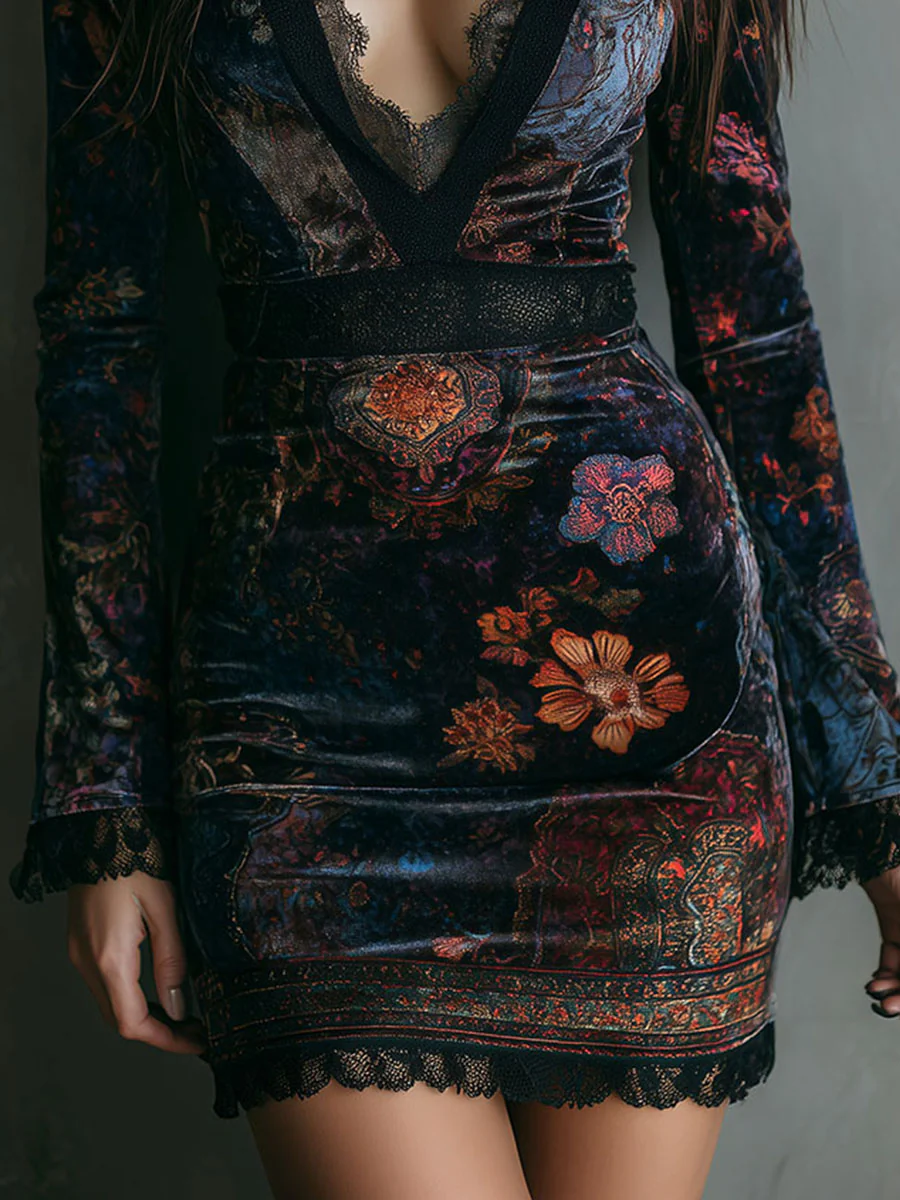 Damen-Minikleid aus Samt mit Blumenmuster und V-Ausschnitt