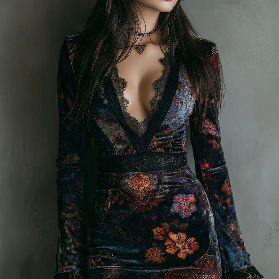 Damen-Minikleid aus Samt mit Blumenmuster und V-Ausschnitt