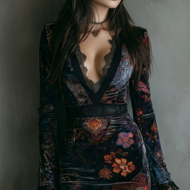 Damen-Minikleid aus Samt mit Blumenmuster und V-Ausschnitt