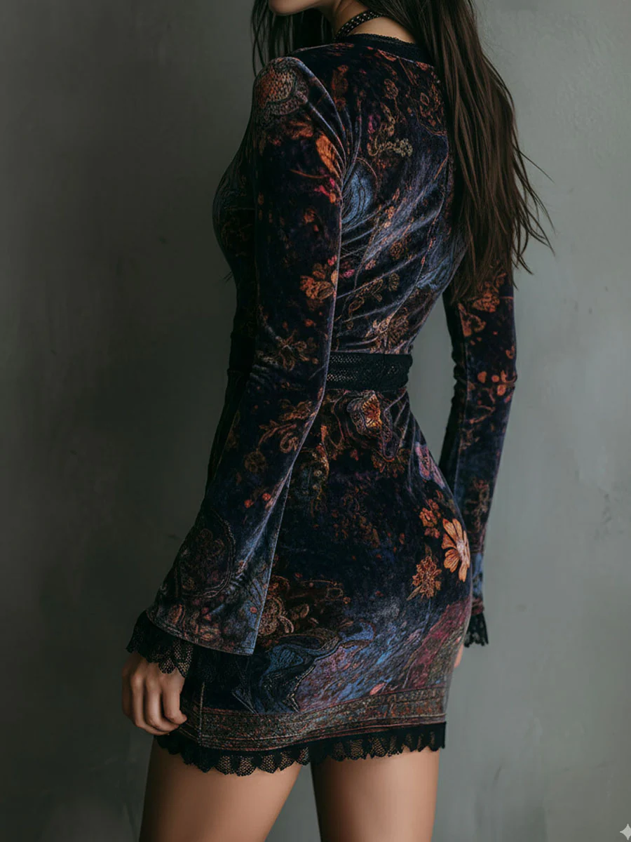 Damen-Minikleid aus Samt mit Blumenmuster und V-Ausschnitt