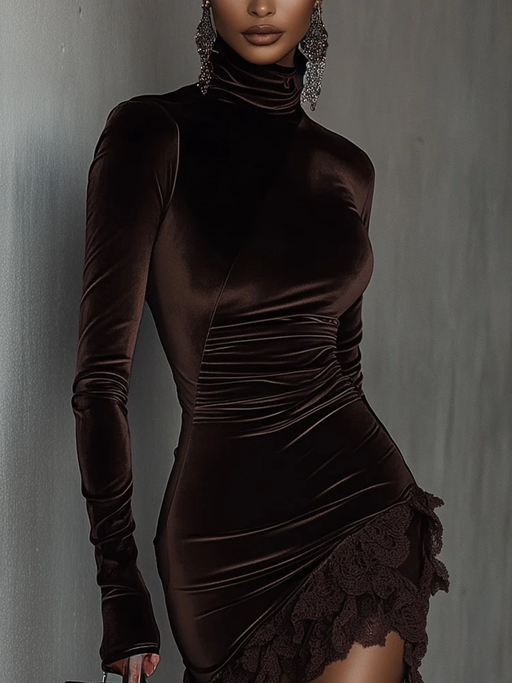 Damen-Minikleid aus Samt mit Rollkragen und Spitzenbesatz
