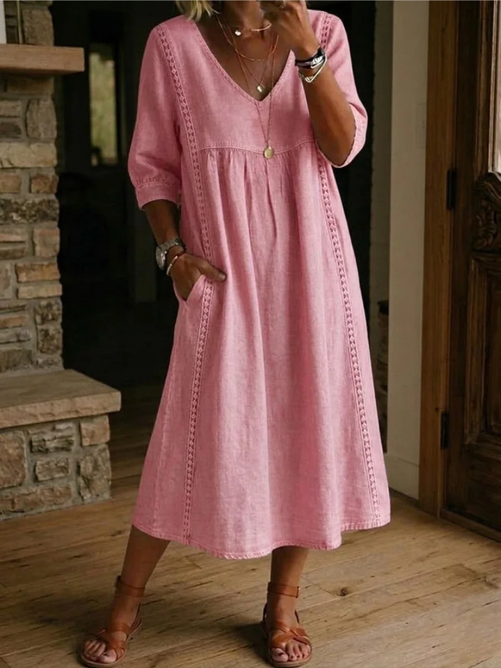 Zelmiraa | Bequemes Midi-Kleid mit V-Ausschnitt und Seitentaschen für Damen 0