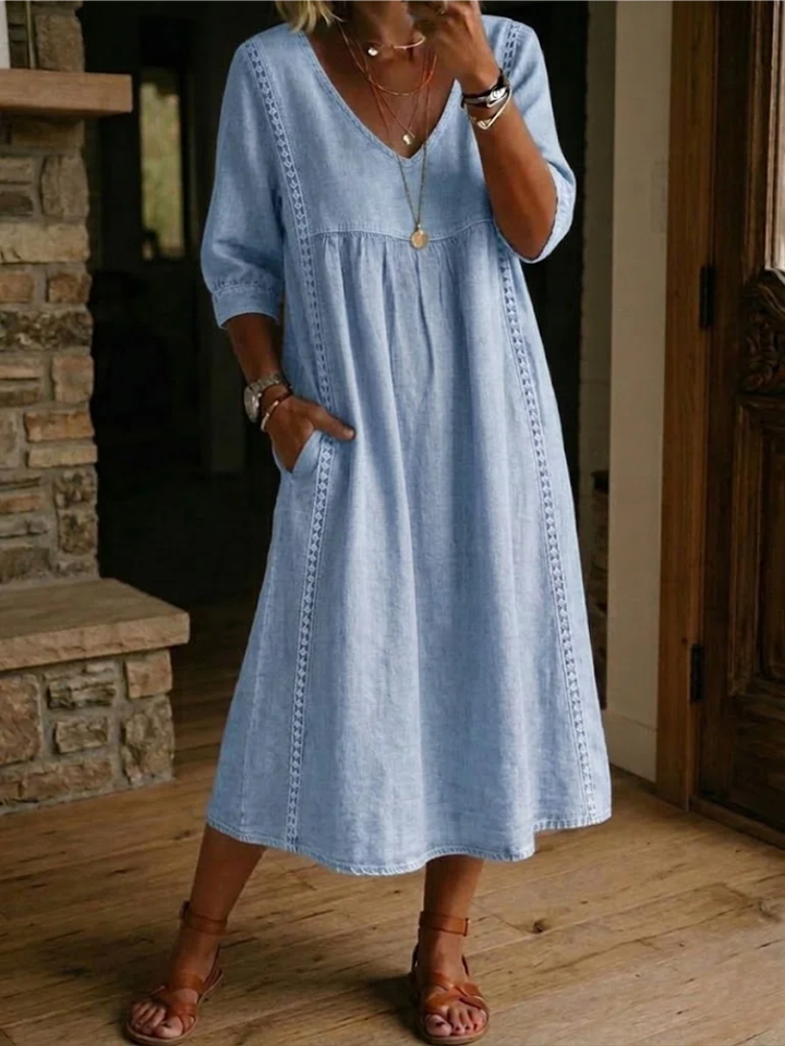 Zelmiraa | Bequemes Midi-Kleid mit V-Ausschnitt und Seitentaschen für Damen 1