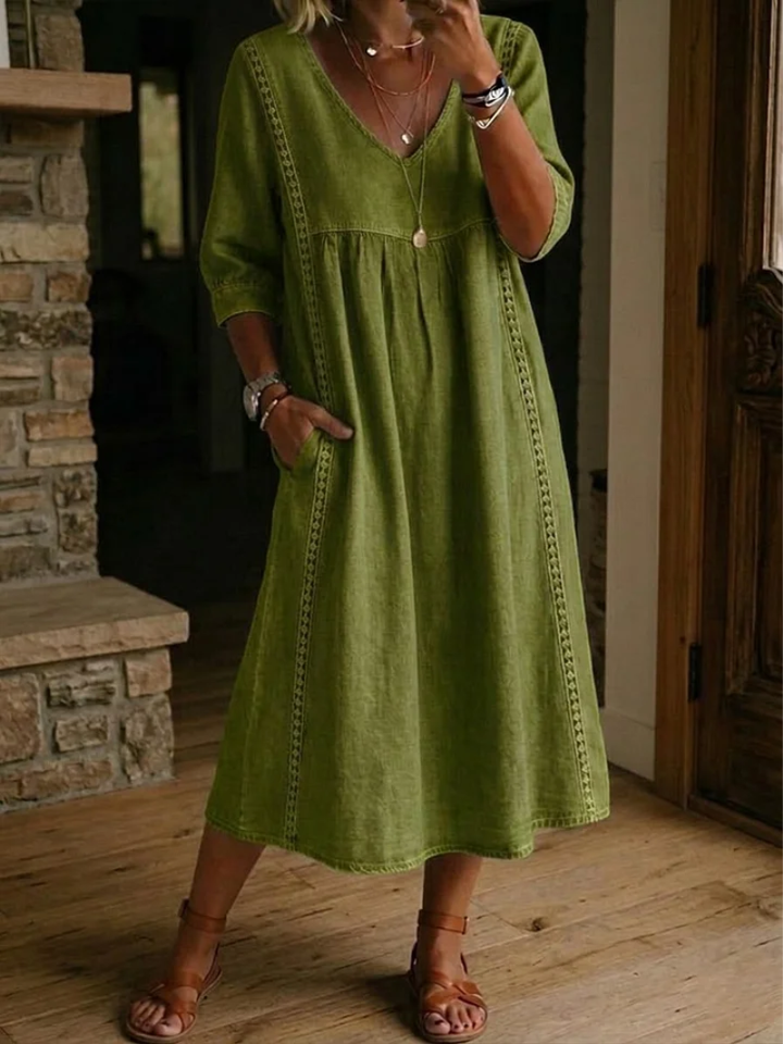 Zelmiraa | Bequemes Midi-Kleid mit V-Ausschnitt und Seitentaschen für Damen 2