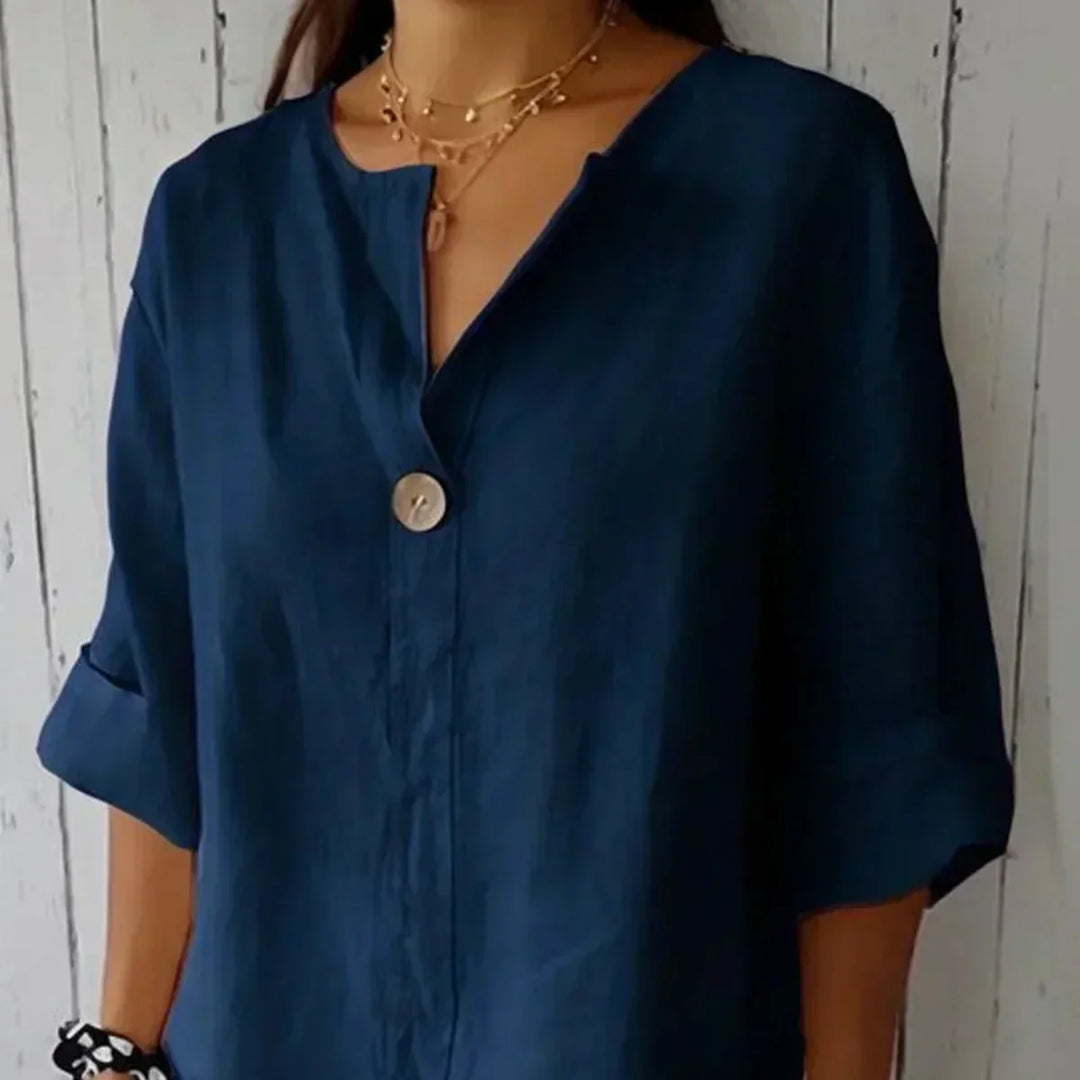 Damen Sommerbluse mit V-Ausschnitt und Knopfdetail