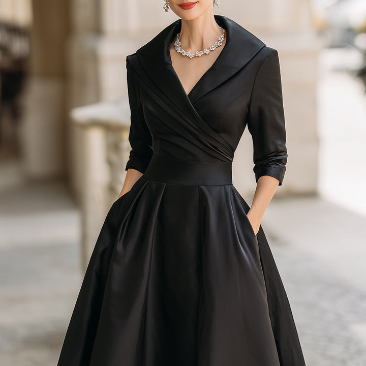 Satin-Midi-Kleid für Damen | A-Linie mit Schalkragen