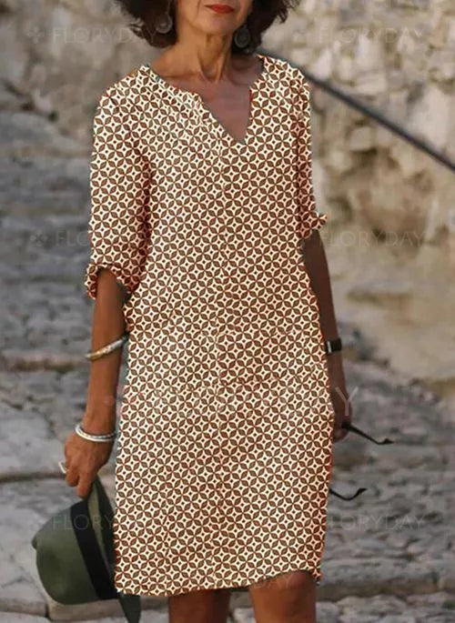 Marie – Gemustertes Leinen-Sommerkleid mit V-Ausschnitt
